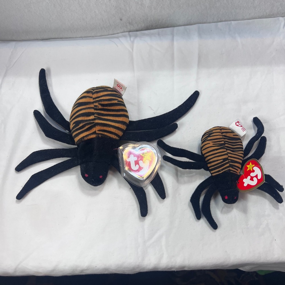 Ty Beanie Baby Spinner the Spider and Teenie Beanie Set Black Striped Plush 1996